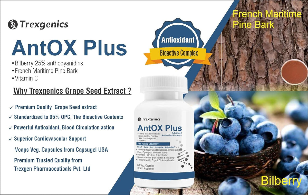 Promotional image of Trexegenics AntOX Plus supplement with blueberries and pine bark.