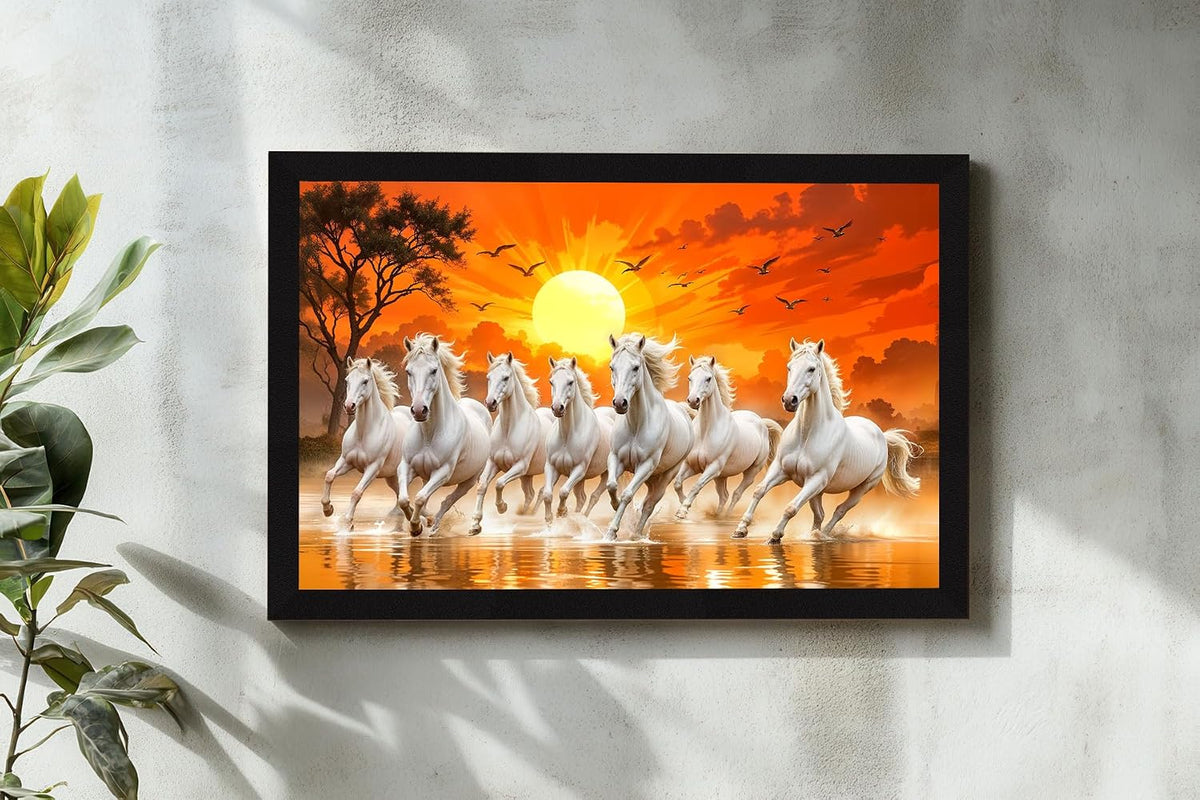 7 Horses Vastu Frame Wall Art Painting, Seven White Running Horses