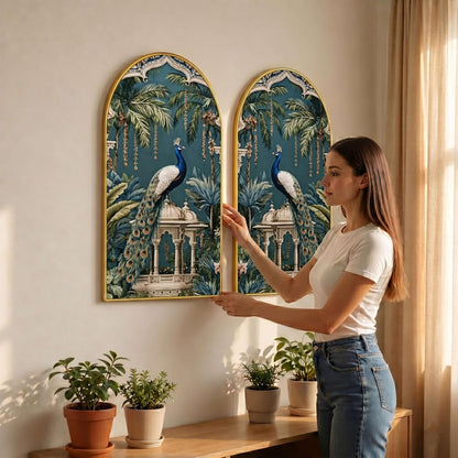 Set of 2 Peacock Wall Painting for Living Room, Tropical Palace Modern Artwork, PVC Golden Frame, Arch Shape Wall Decor for Bedroom, Hall, Office & Gift (30 x 32 Inch) RPNL-02-116