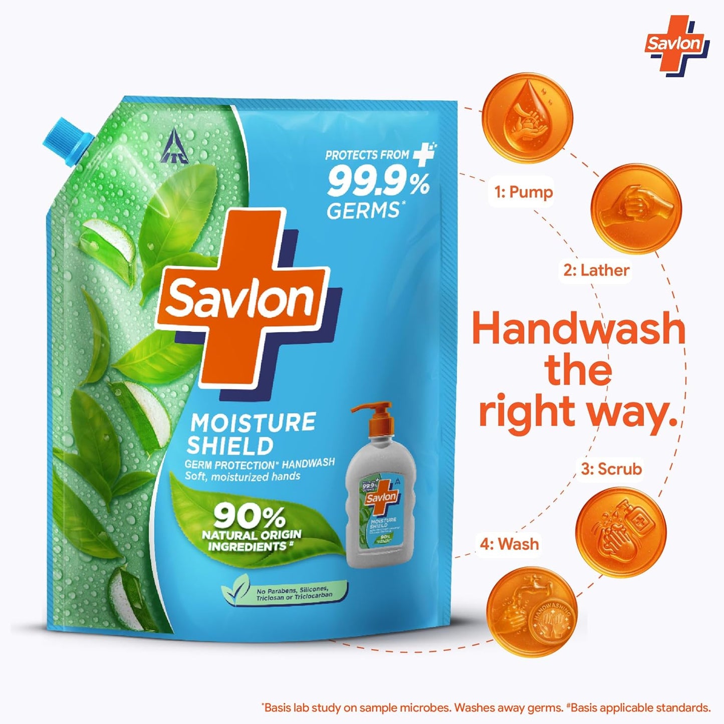 ITC Savlon Moisture Shield Germ Protection Liquid Handwash Refill Pack 1.3L | 99.9% Germ Protection | 90% Natural Origin Ingredients | Family Size Refill Hand wash | Value Pack