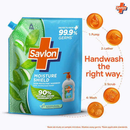 ITC Savlon Moisture Shield Germ Protection Liquid Handwash Refill Pack 1.3L | 99.9% Germ Protection | 90% Natural Origin Ingredients | Family Size Refill Hand wash | Value Pack