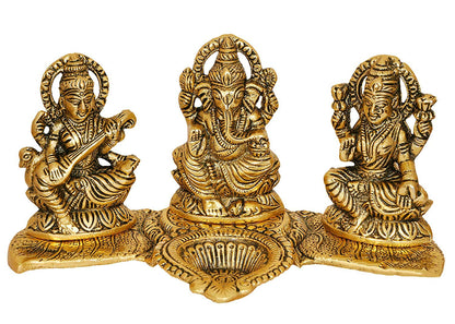 Laxmi Ganesh Saraswati Idol Showpiece Metal Statue with Diya Decoration Pooja Showpiece Sitting Idol Blessing Ganpati Sculpture for Home Diwali Puja Home Decor Festival Gifts