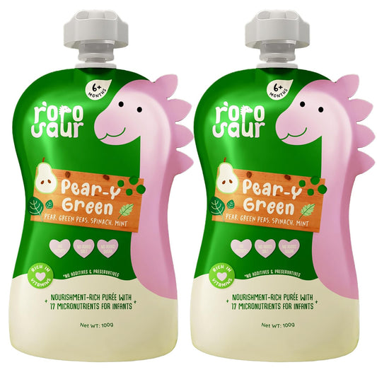 Rorosaur Ready to Eat Fruit & Veggie Baby Food Puree Pouch for 6+ Months Baby 100g each, Pk of 2 | Made with Spinach, Pear & Peas Puree in Pouch | 100% Natural, No Preservatives, No Sugar, No Salt