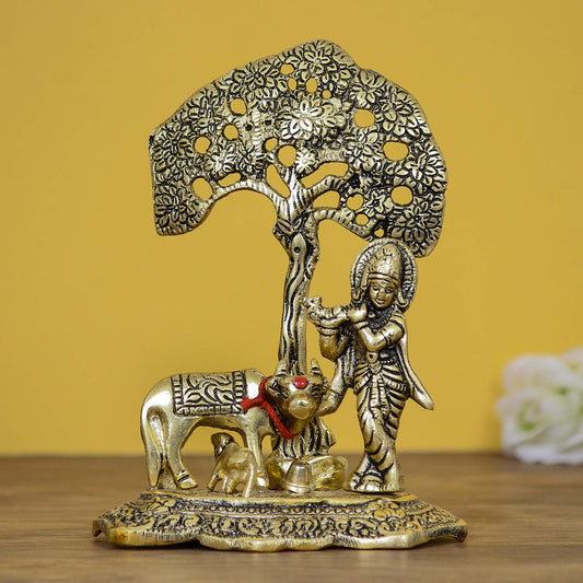 Golden Lord Krishna Idol Playing Flute Under Tree with Cow and Calf Decorative Showpiece for Home Decor Pooja Room Temple & Gift Purpose