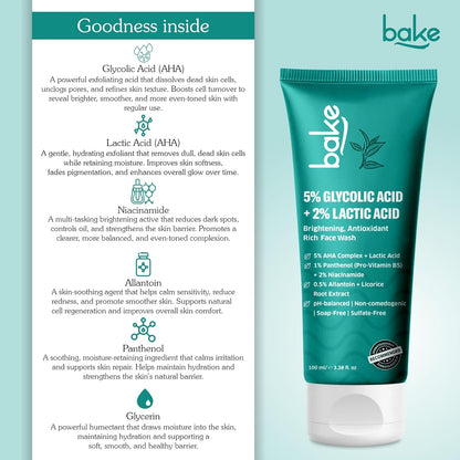 BAKE 5% Glycolic Acid Face Wash for Dark Spots & Pigmentation | For Tan Removal & Dull Skin | Daily Brightening & Glowing Face Wash - 100ml