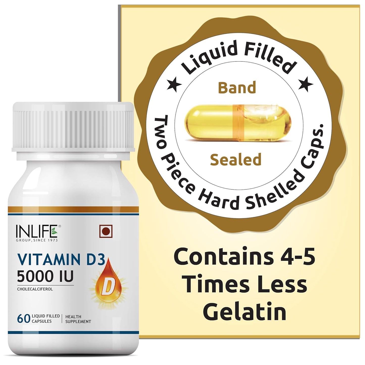 INLIFE Vitamin D3 5000 IU Cholecalciferol with Extra virgin Coconut Oil Supplement for Better Absorption| For both Men & Women| supports Immunity, Bones & Muscle health| Pack of 1-60 Soft gels.