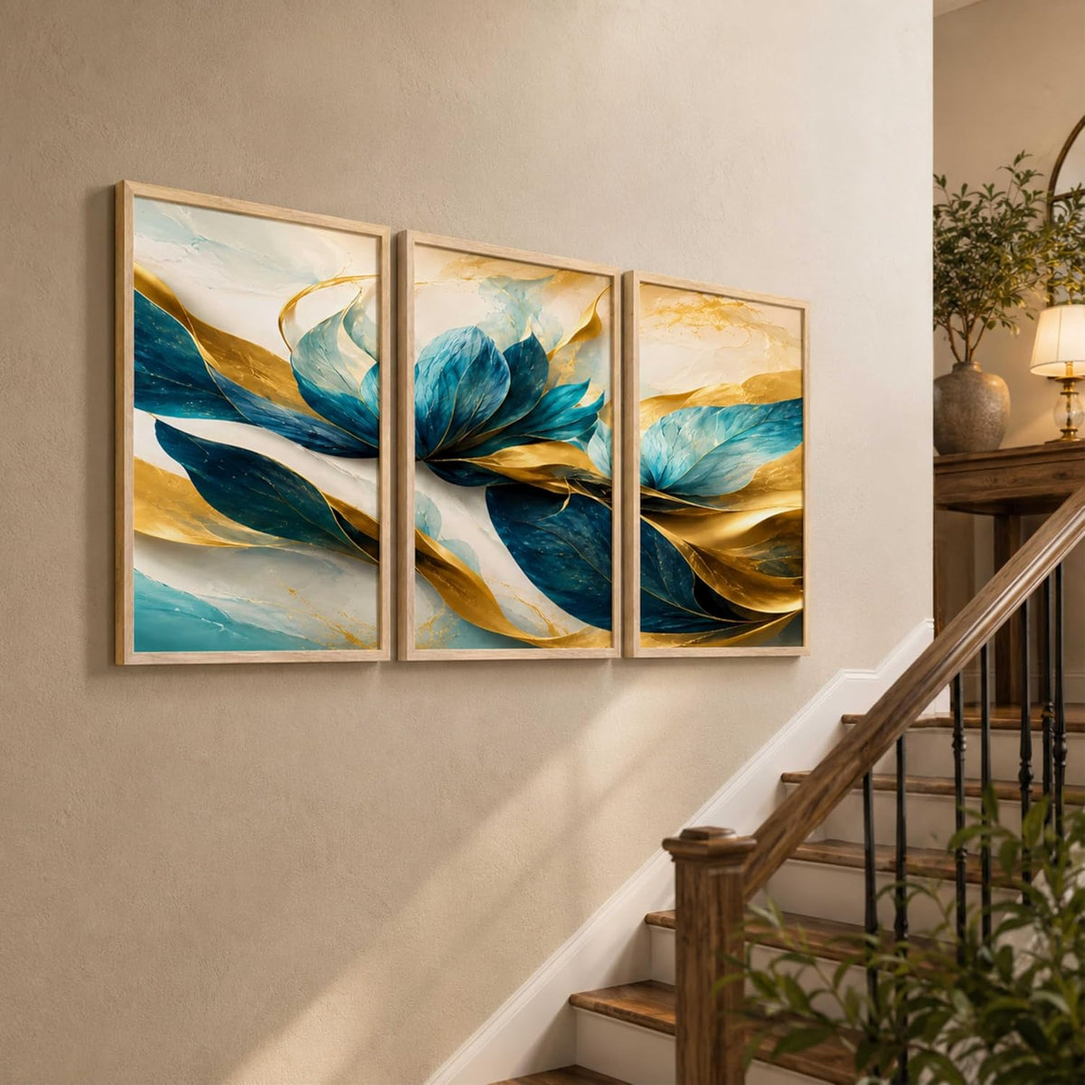 Abstract Blue Gold Floral Wall Painting Set of 3 for Living Room Bedroom Hall Office Decor, Modern Luxury Leaf Artwork, Premium Wooden Synthetic Frame (13.5 x 19.5) NM03-144