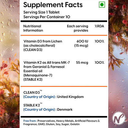 The Nature's Society ® Vitamin D3 K2 Supplement | D3 from UK | K2 MK7 from Denmark | For Calcium Utilization, Bone Strength & Heart Health | D3 Supplement For Immunity | Vegan D3 - Lichen - 120 Veg Tablets (120 Veg Tablets (10 count))