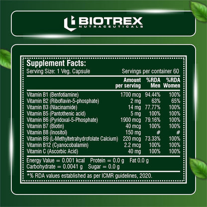 Biotrex Nutraceuticals B Complex Supplement Vitamin B1, B2, B3, B5, B6, B7, B8, B9, B12 & Vitamin C | 100% RDA | Supports Immune System | Hair, Skin & Nails Health | Daily | Brain & Nerve Support - 60 Veg Capsules