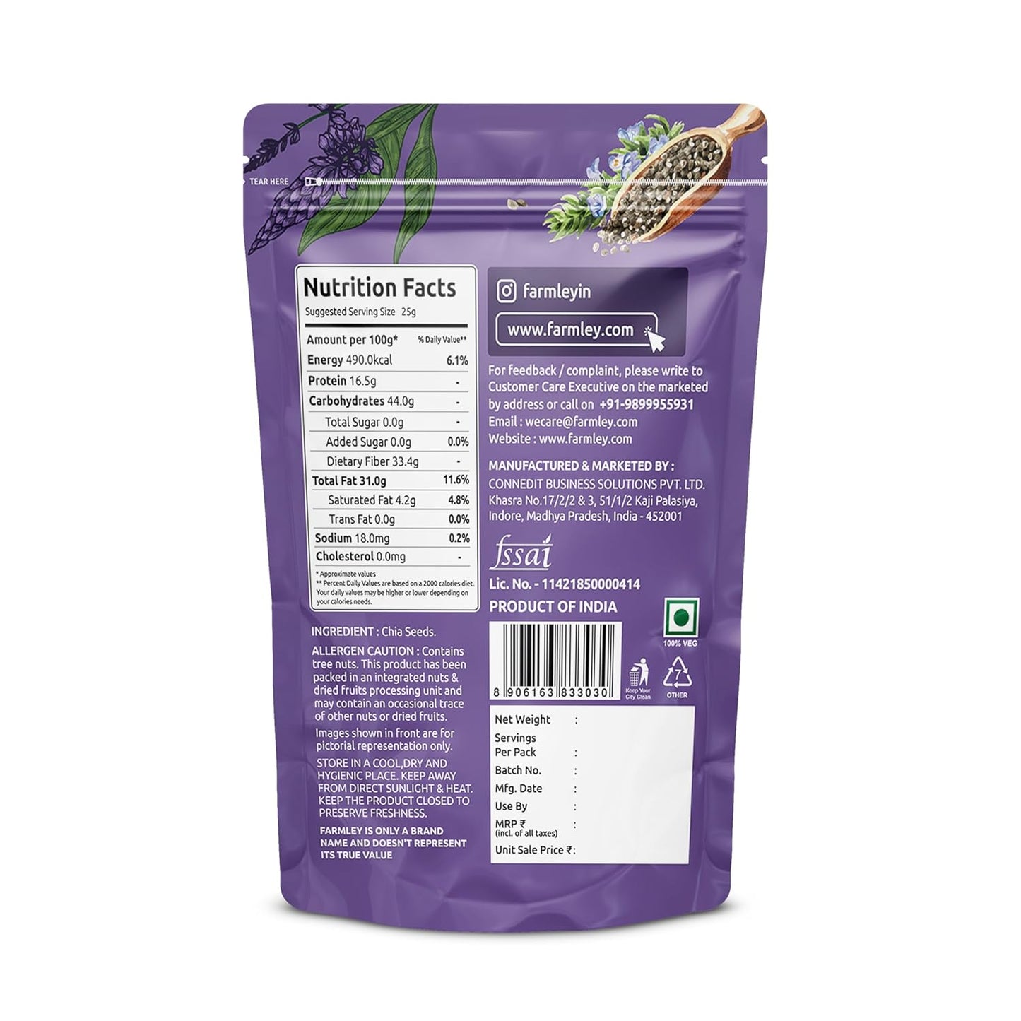 Farmley Chia Seeds 500g I Seeds for Eating | Seeds for Weight Management | Rich in Calcium, Protein & Fibre