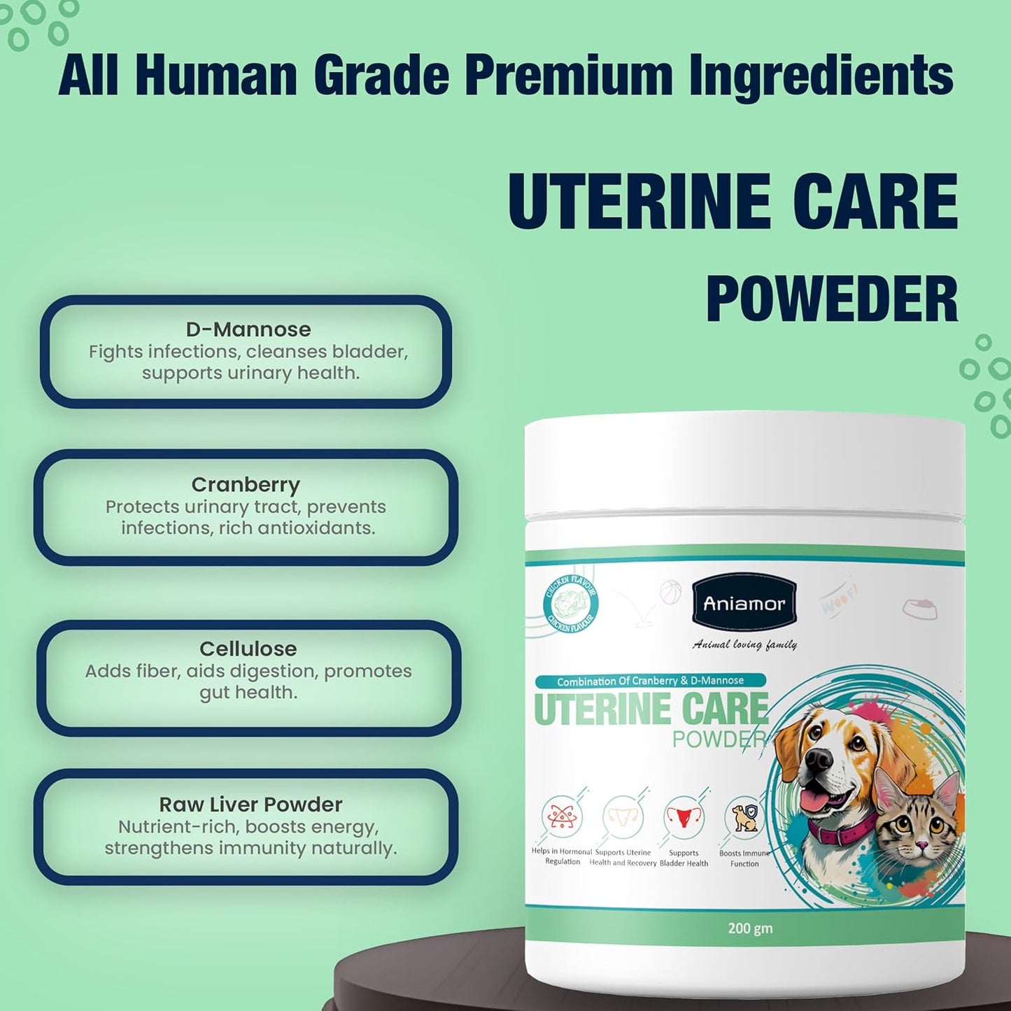 Aniamor Uterine Care Powder for Dogs and Cats|Cranberry with D- Mannose|Pet Supplement|Female Dog Care|All Life Stage|200gm Jar