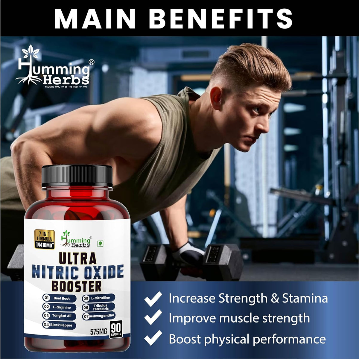 Person lifting weights with a bottle of Ultra Nitric Oxide Booster in front, set against a gym background.