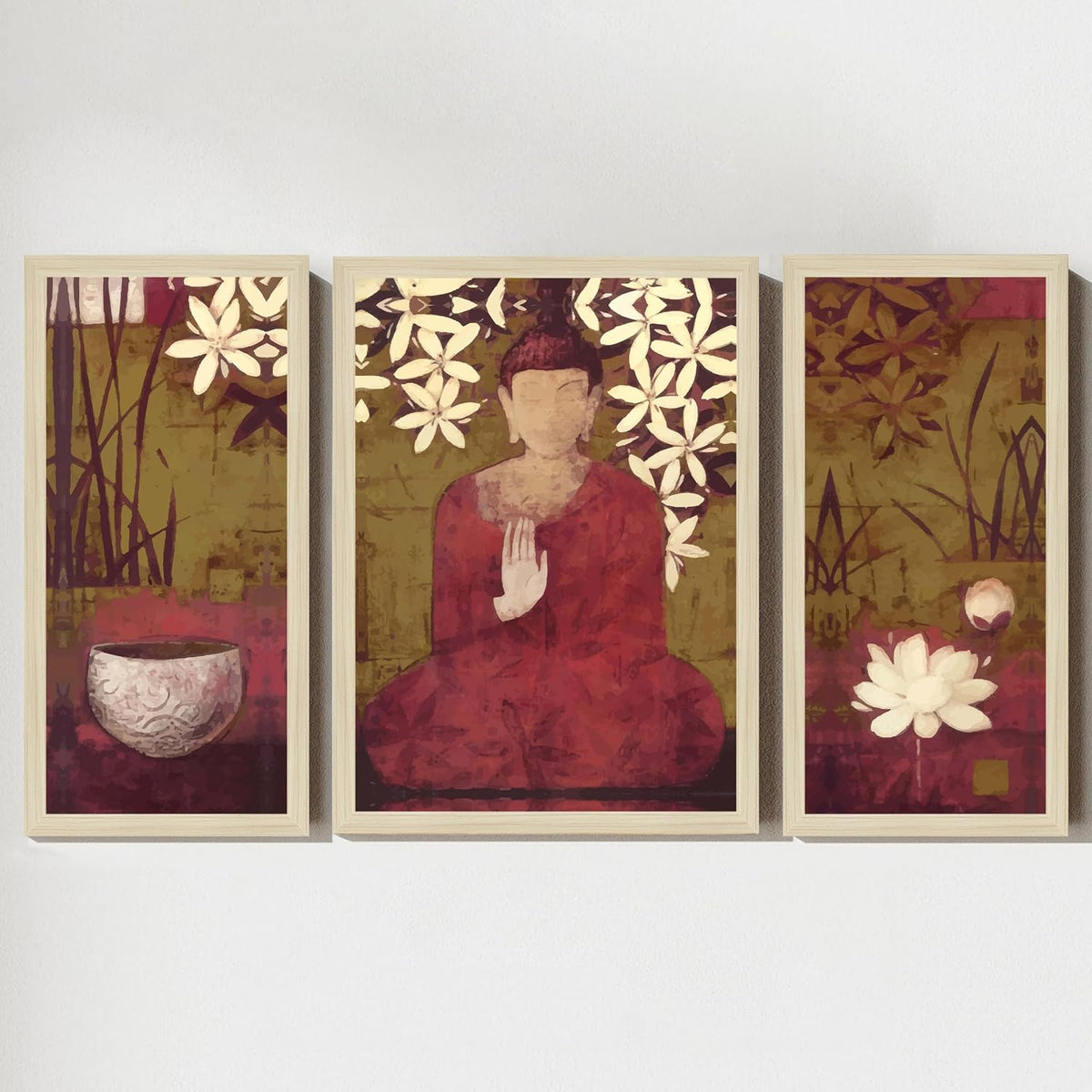 Buddha Floral Abstract Framed Wall Art Painting Home Décor Pack Of 3 | Digital Scenery Painting with Frame | Suits Hallways, Living Room, Bedroom, Office Set Of 3, 22x46 cm, 33x44 cm