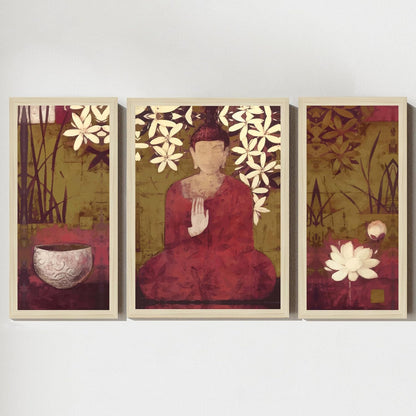 Buddha Floral Abstract Framed Wall Art Painting Home Décor Pack Of 3 | Digital Scenery Painting with Frame | Suits Hallways, Living Room, Bedroom, Office Set Of 3, 22x46 cm, 33x44 cm