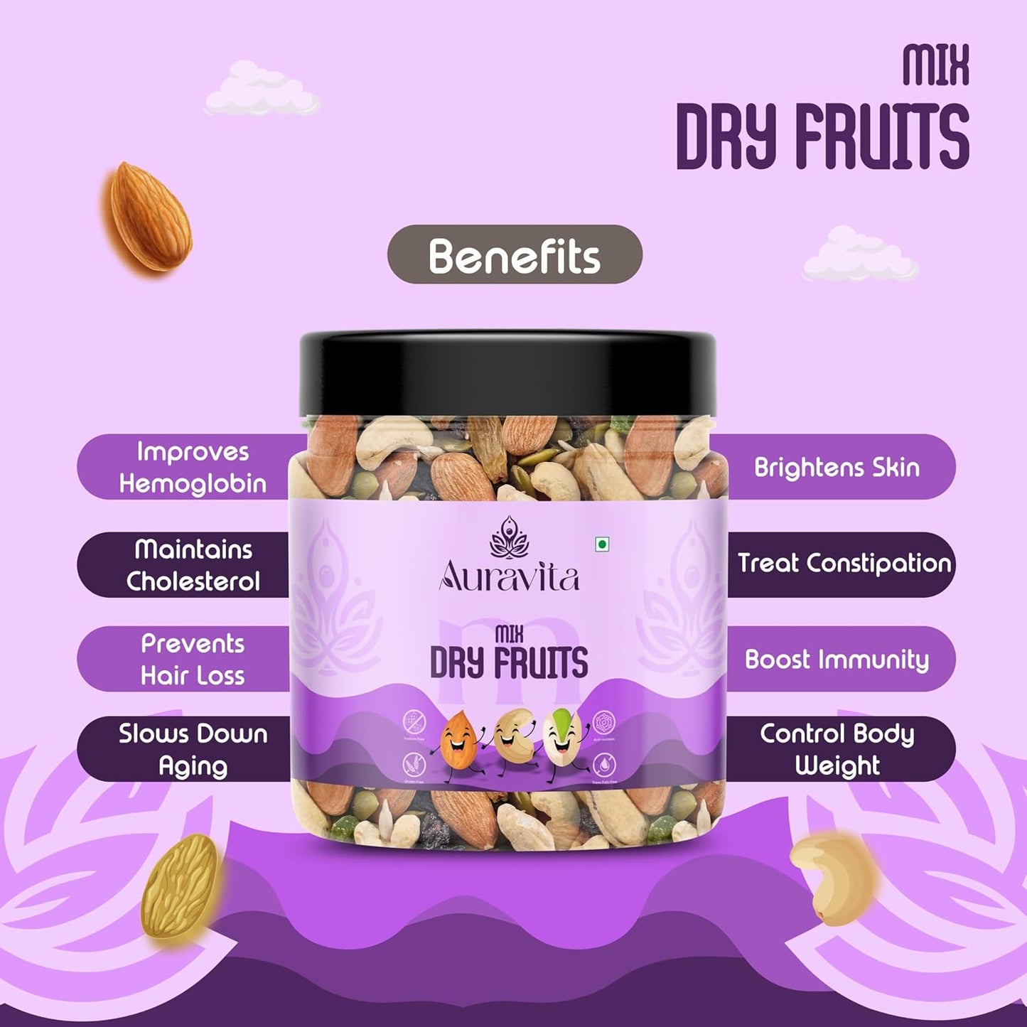 Auravita Mix Dry Fruit | Healthy Mixed Nuts and Seed with Almonds, Cashews, Dates, Pumpkin Seeds, Candied Amla | Reusable Jar Pack Of 1