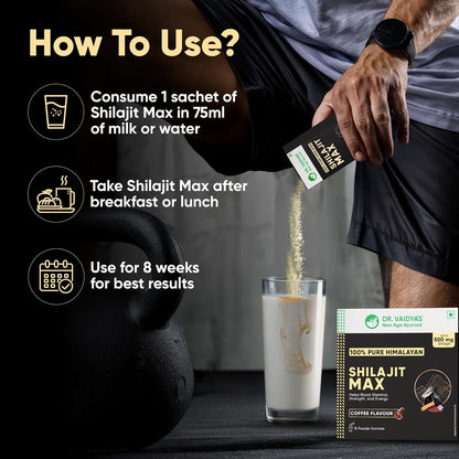 Dr. Vaidya's Shilajit Max|For Stamina On the Go|Boosts Strength & Energy levels|500 mg of 100% Pure Himalayan Shilajit In Coffee Flavour,Pippali,Dalchini,Ela & Saffron |15 Powder Sachets (Pack 1)