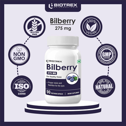 Biotrex Nutraceuticals Bilberry Extract 275mg (Anthocyanidins) Healthy Vision, Antioxidant & Eye Health Supplement, 90 Veg Capsules