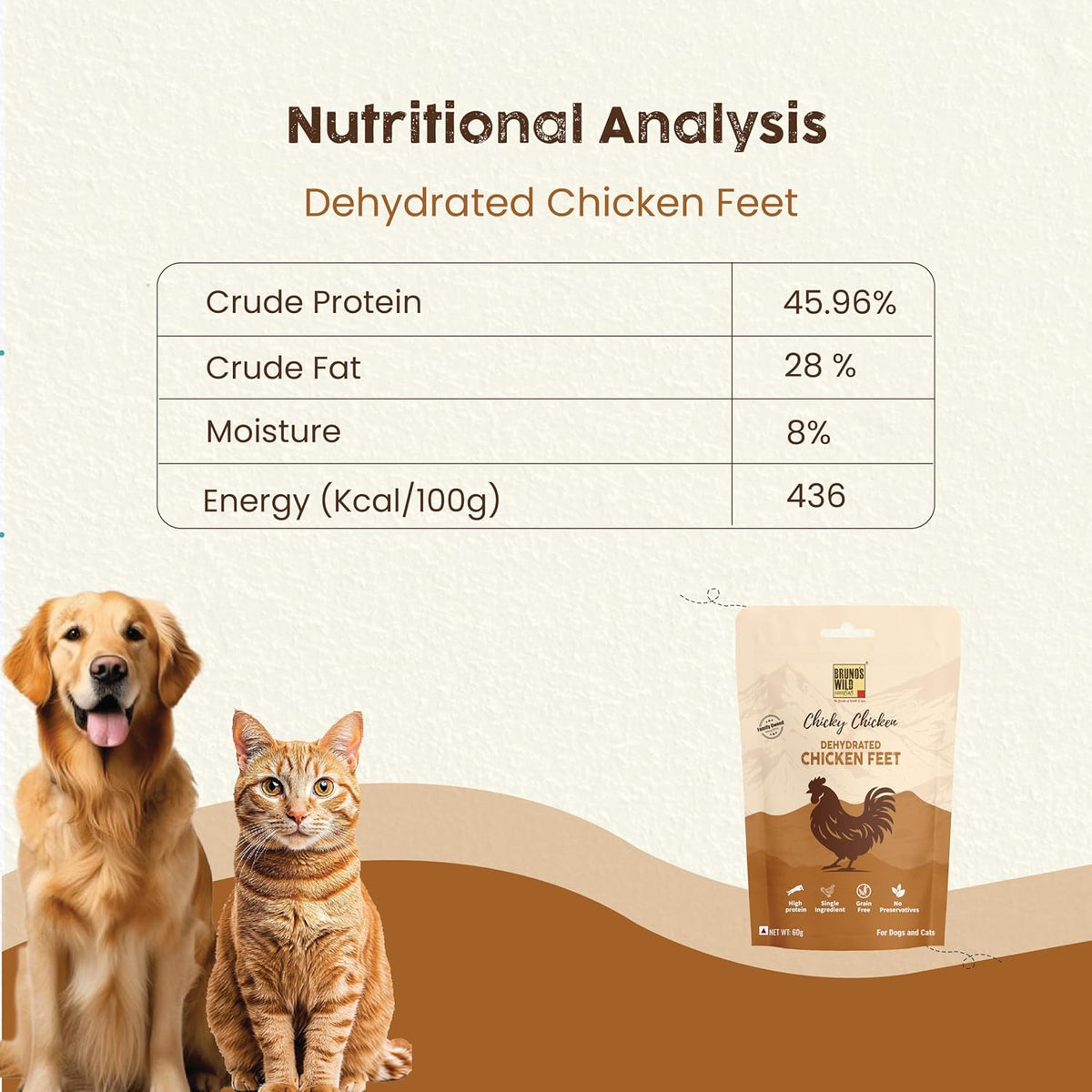 Brunos Dehydrated Chicken Feet - 60g | Treat for Dogs & Cats | Grain Free Natural Treats|Single Ingredient | Preservative Free | Support Snack for Healthy Skin, Coat & Joints