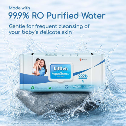 Little's 99.9% Pure Water AquaSense Baby Wipes | Unscented | with Aloe Vera | Pack of 3 X 72 Wipes | Plant-based | 100% Biodegradable | No Paraben