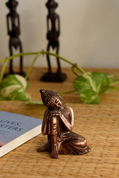 Resting Buddha on Knee Metal Showpiece (7.5 cm x 5.38 cm x 9.38 cm, Brown, AGB506)