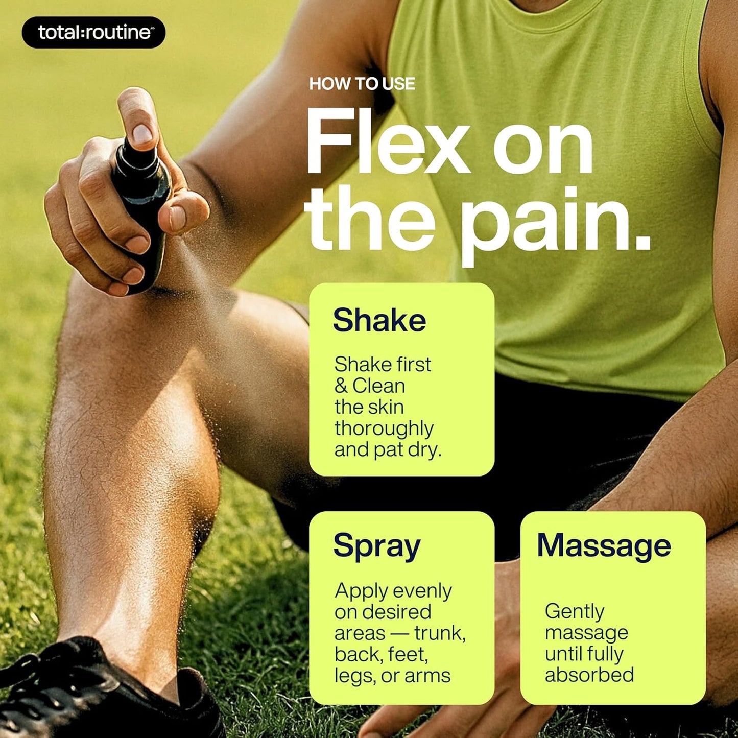Person using a spray product with text on how to use it, set against a grassy background.