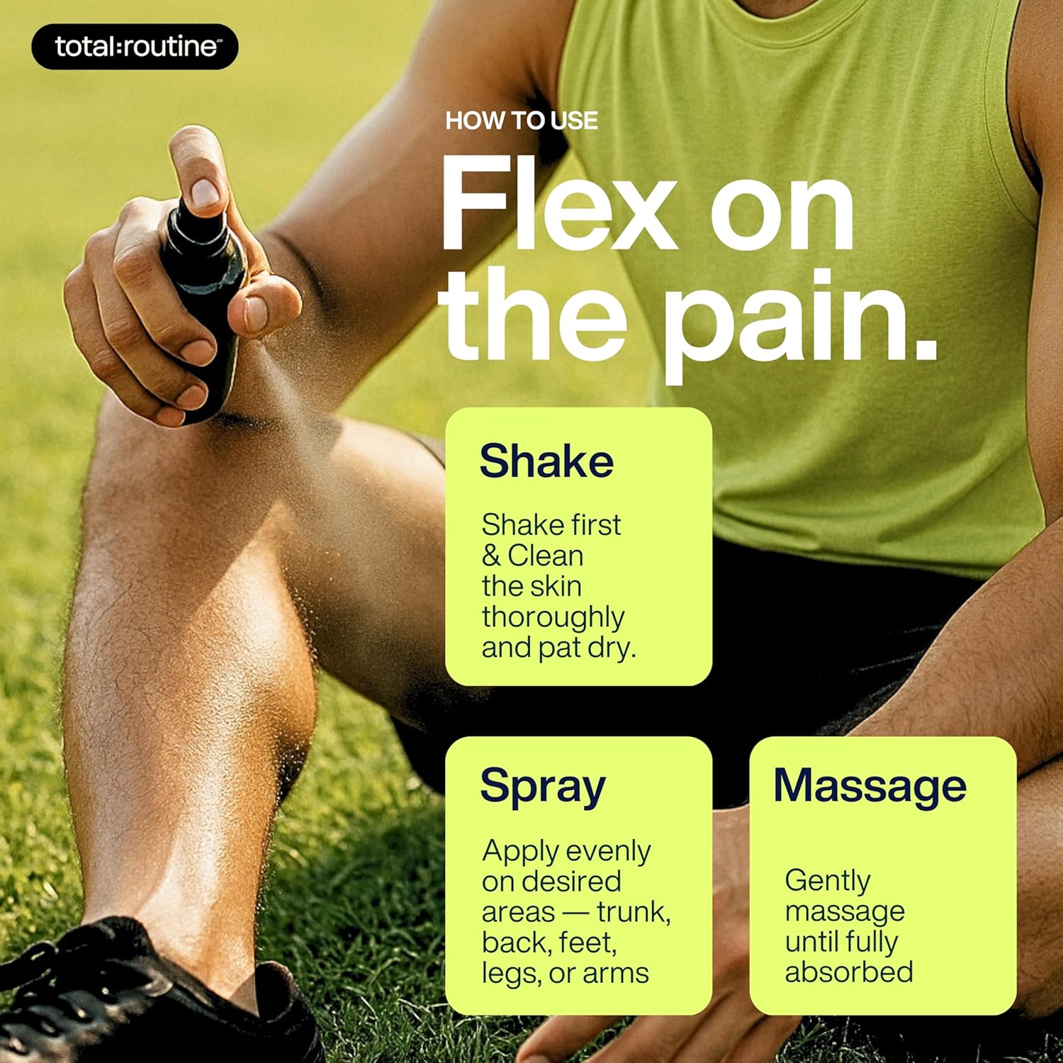 Person using a spray product with text on how to use it, set against a grassy background.