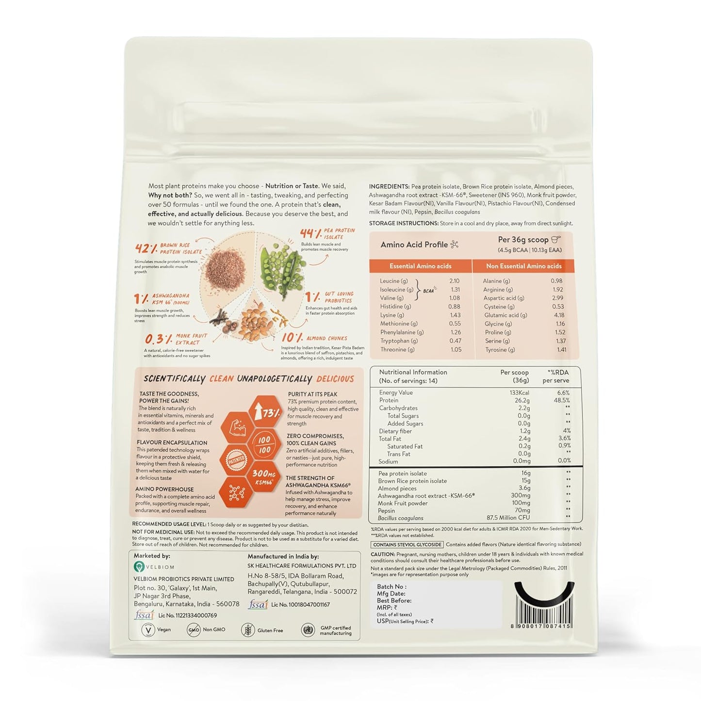 Happy Cultures 26g Tastiest Plant Protein| Kesar Badam Pista | Pea & Brown Rice Protein Isolate| No Added Sugar| Vegan| 20 Complete Amino Acids| Monk Fruit Extract| Women & Men| No Bloating, Easy to Digest| Dairy Free with Probiotics- 505g, Kesar Pista