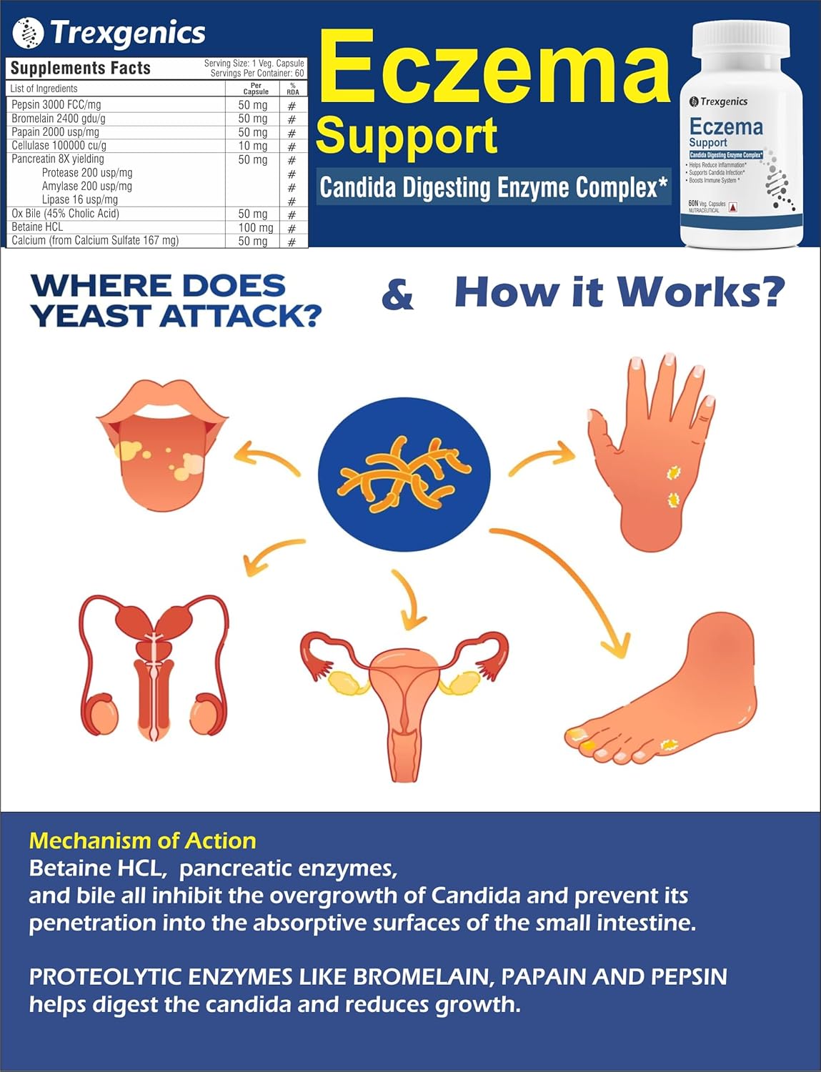 Trexegenics Eczema Support supplement with diagram and text on yeast attack and mechanism of action.