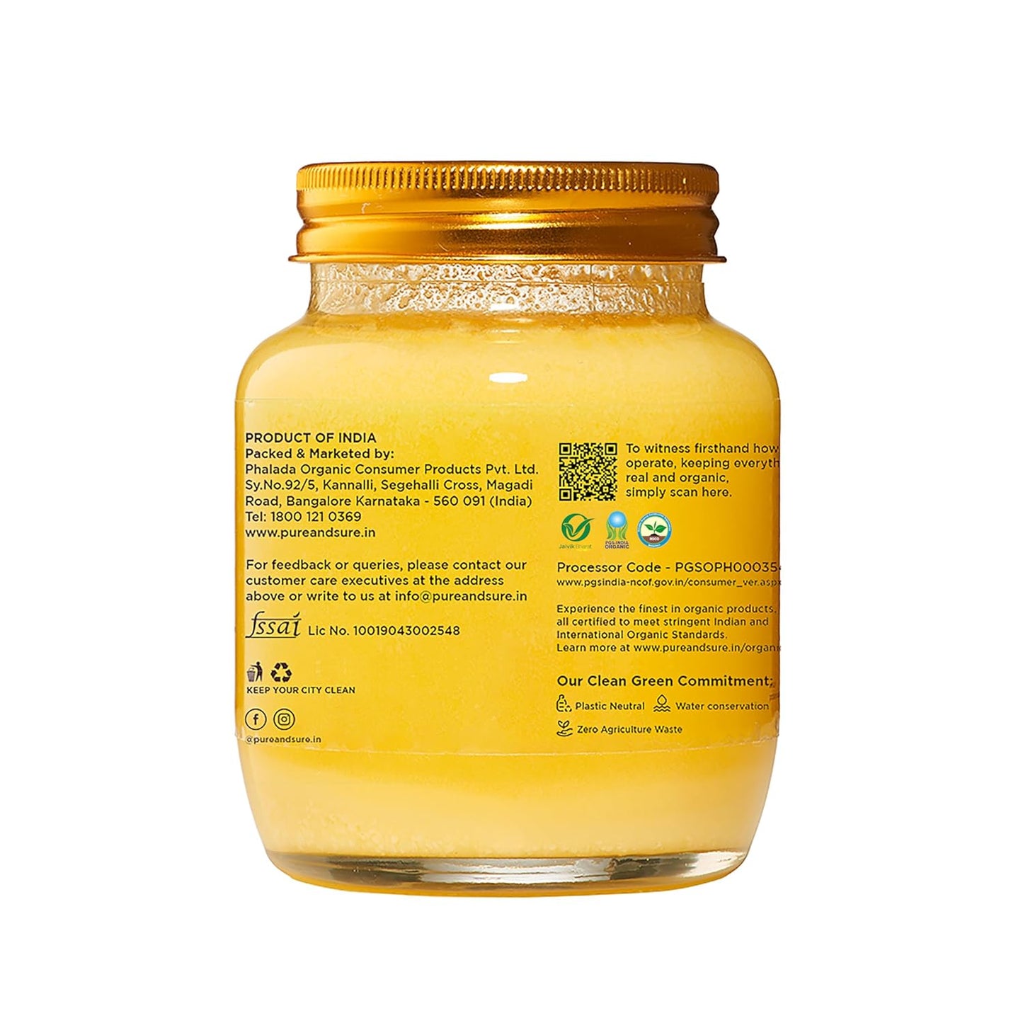 Pure & Sure Organic A2 Desi Ghee | 100% Pure Cow Ghee | Made by Traditional Bilona Method | Curd-Churned | Natural Immunity Booster & Other Benifits (Glass Jar)