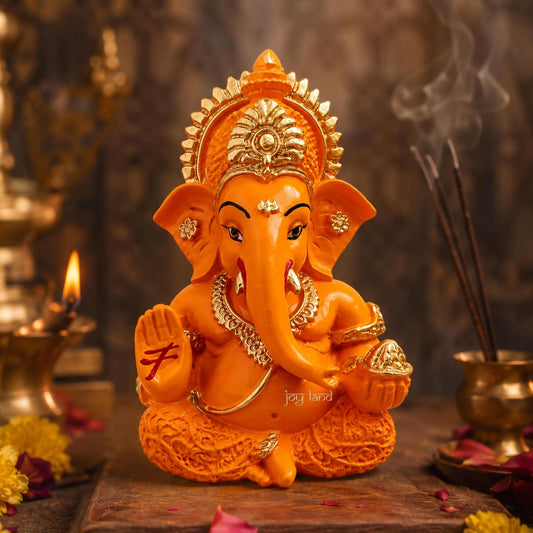 JOY LAND Lord Ganesha Car Dashboard Idol | White & Gold Ganesh Murti for Car Dashboard, Home & Office Decor (Orange)