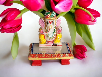 3-Inch Makrana Marble Ganesh Idol with Marble Chowki for Home Décor | Handpainted Ganesha Murti for Temple | Ganesha Figurine Sculpture for Office (3-Inch Ganesh, 4x4x1 Inches Chowki)