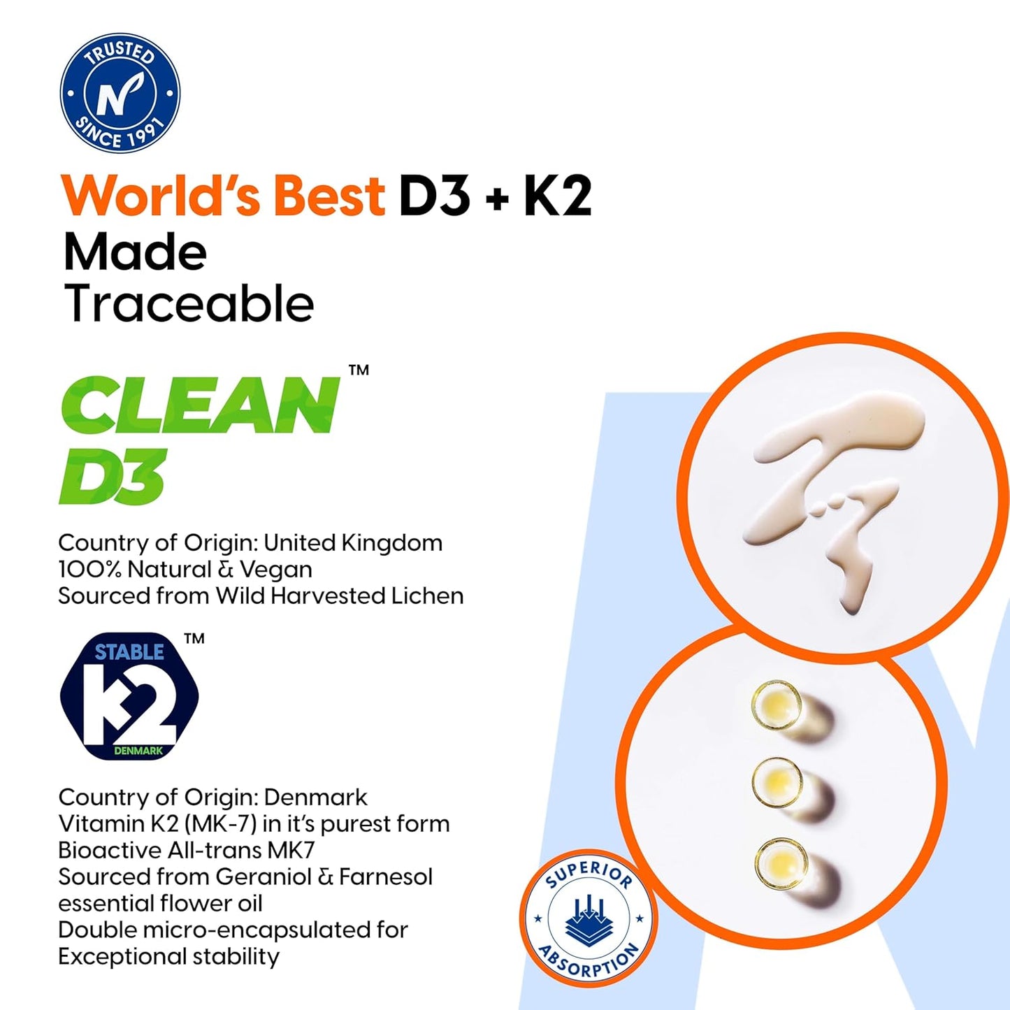 The Nature's Society ® Vitamin D3 K2 Supplement | D3 from UK | K2 MK7 from Denmark | For Calcium Utilization, Bone Strength & Heart Health | D3 Supplement For Immunity | Vegan D3 - Lichen - 120 Veg Tablets (120 count)
