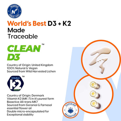 The Nature's Society ® Vitamin D3 K2 Supplement | D3 from UK | K2 MK7 from Denmark | For Calcium Utilization, Bone Strength & Heart Health | D3 Supplement For Immunity | Vegan D3 - Lichen - 120 Veg Tablets (120 count)