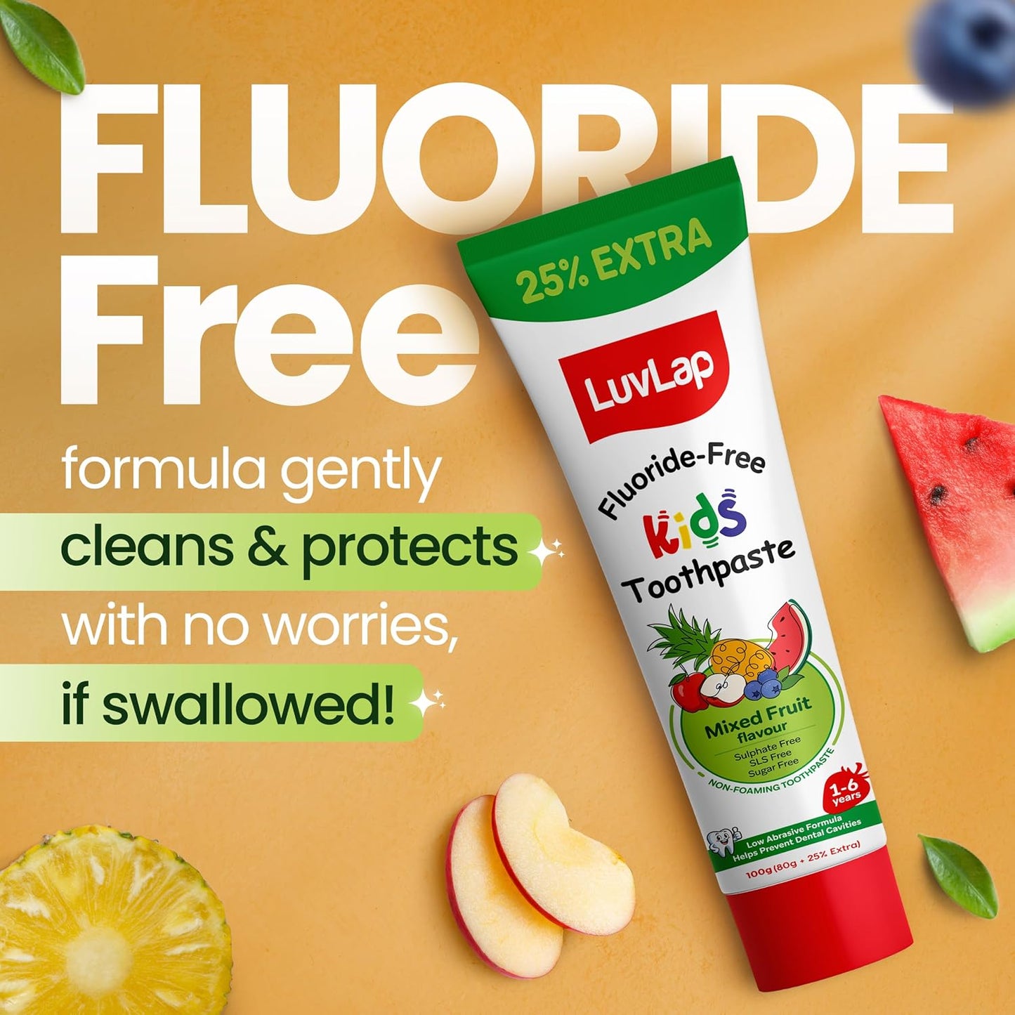 LuvLap Baby Toothpaste for Kids 80gm + 25% Extra, Mix Fruit Flavour, SLS & Fluoride Free Baby Toothpaste, Removes Plaque, Prevents Bacteria & Cavities, Ensures Healthy Teeth & Gums, 12M+(Pack of 1)