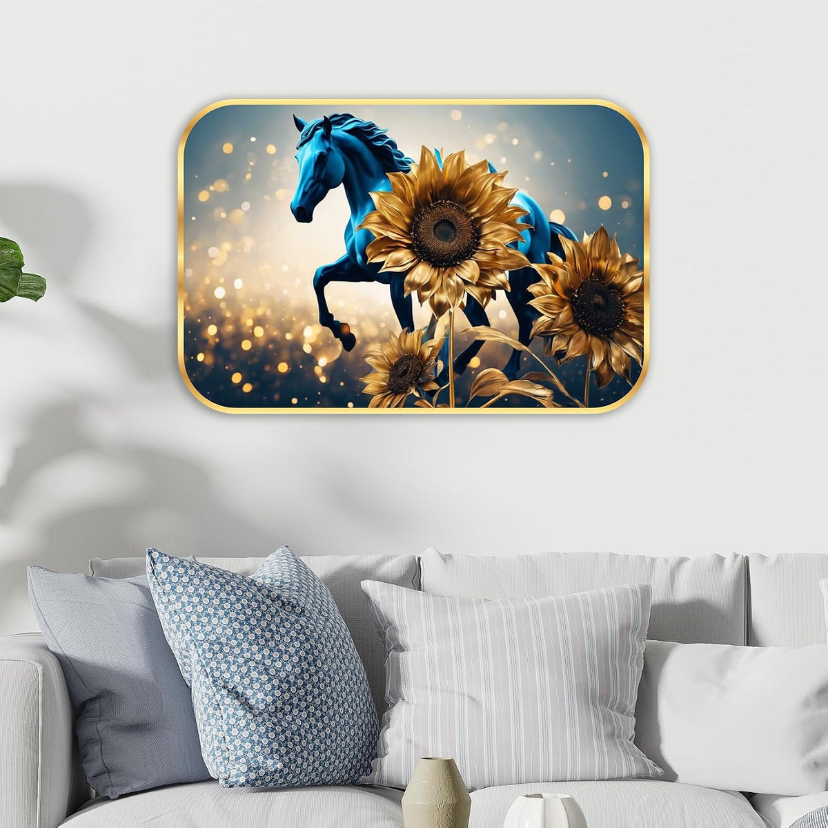 Running horse modern art Premium Sparkle Lamination Finished Surface Golden Slim Frame 35 cm x 28 cm Large Size, For Home/Office/Hotel painting KG48