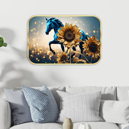 Running horse modern art Premium Sparkle Lamination Finished Surface Golden Slim Frame 35 cm x 28 cm Large Size, For Home/Office/Hotel painting KG48