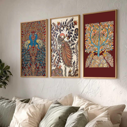 Indian Traditional Art Wall Painting Madhubani Home Decoration With Frame For Living Room Bed Room Hotel Wall Decor Digital Reprint Engineered Wood Set of 3 (Art 11, 10x19 inch)