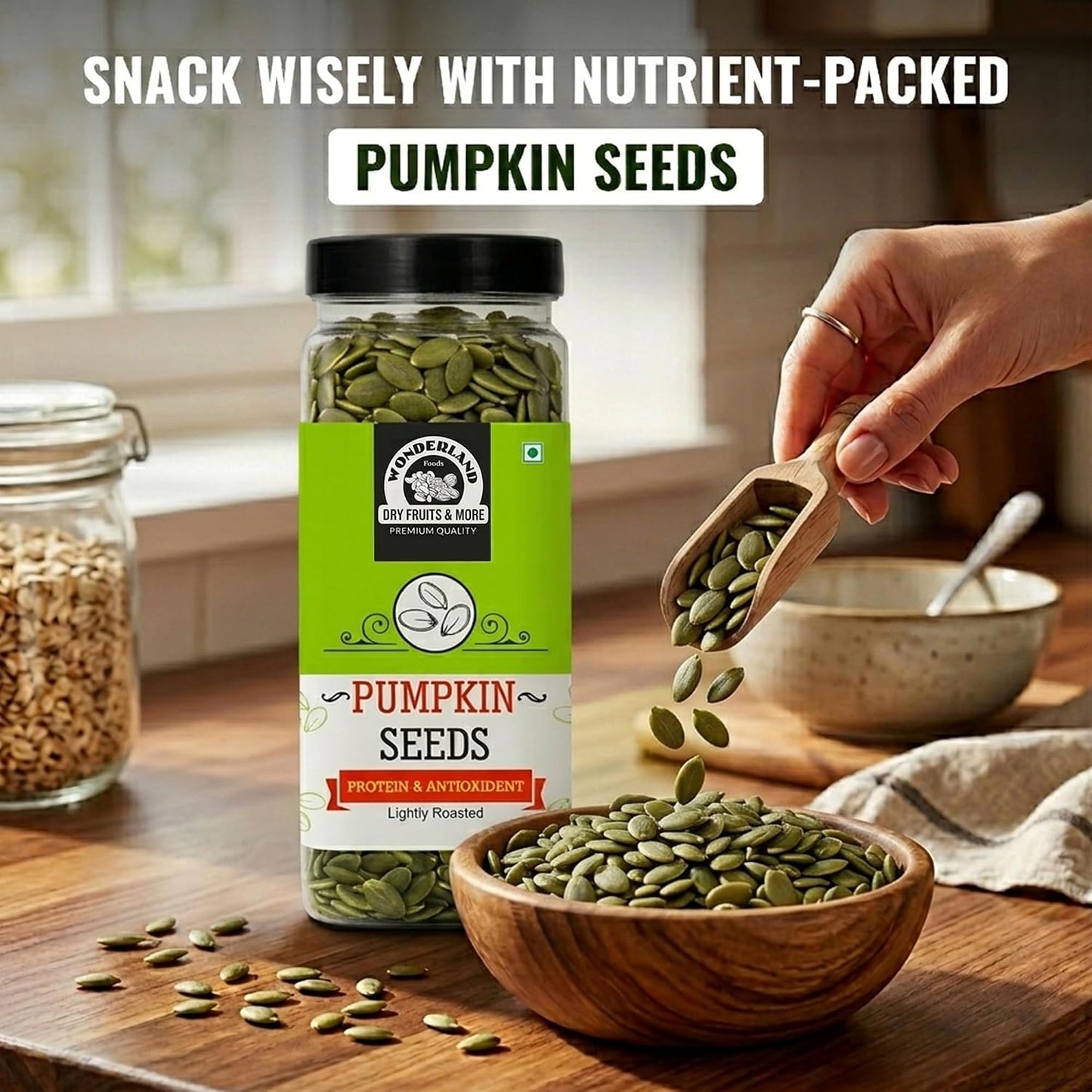Wonderland Foods 200g Roasted Pumpkin Seeds (Kaddu Seeds) Jar | Premium Nutrient-Rich Snack, Crafted for Wellness & Vitality | Full of Protein, Antioxidants, & Fibre