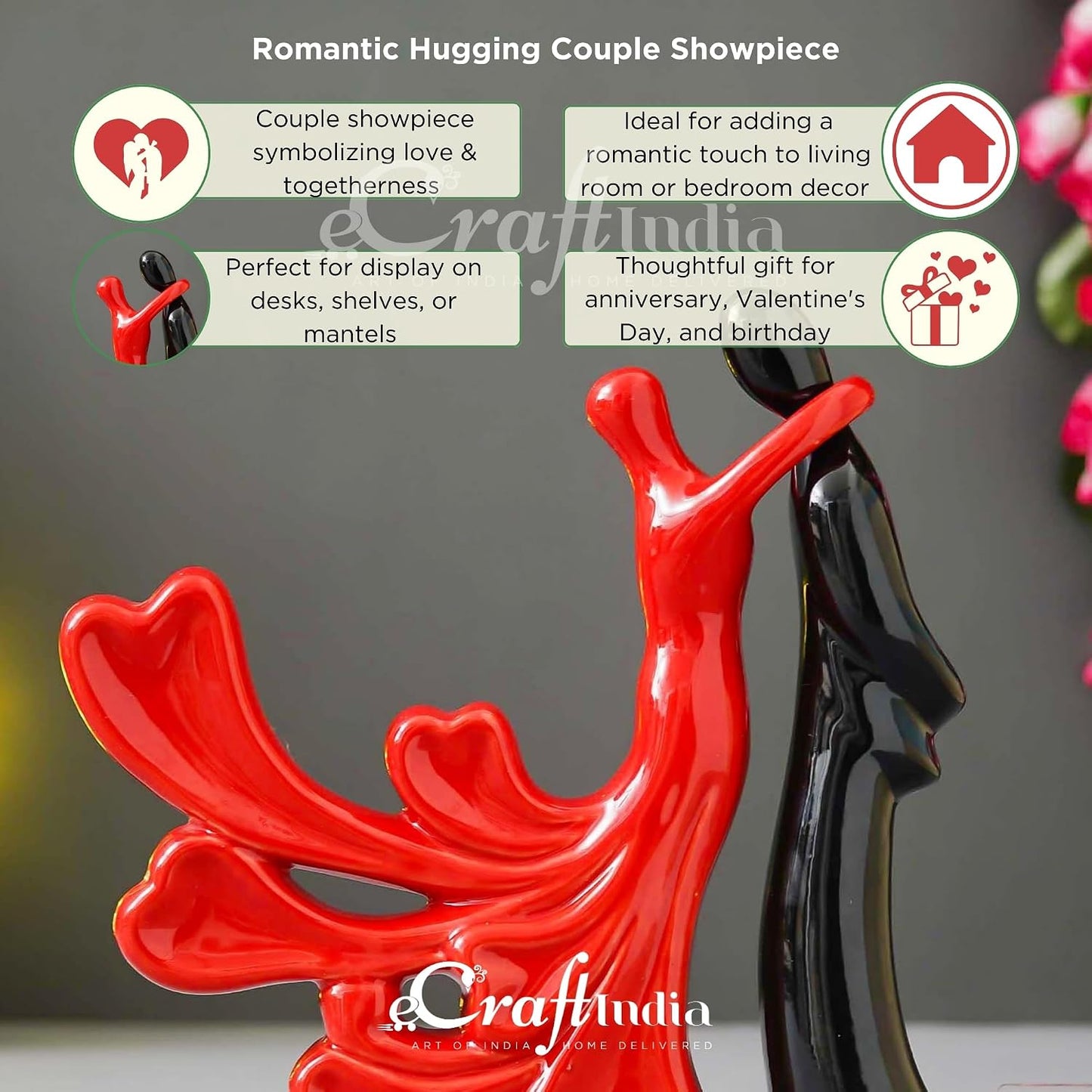 eCraftIndia Romantic Hugging Couple Showpiece(Resin, Red Black)|Decorative Loving Couple Statue|Home Decor Items for Living Room Bedroom Hall Office Desk| Gifts for Anniversary Valentines Day Birthday
