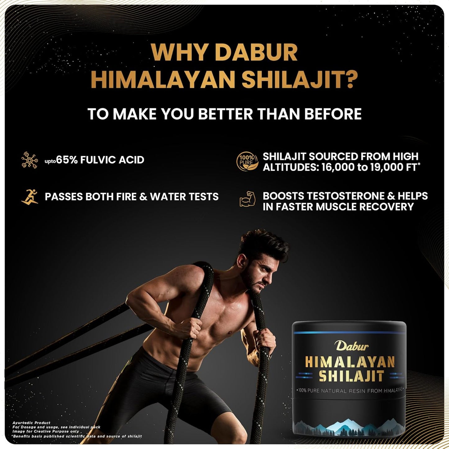 Promotional image of Dabur Himalayan Shilajit with a muscular man and product packaging.