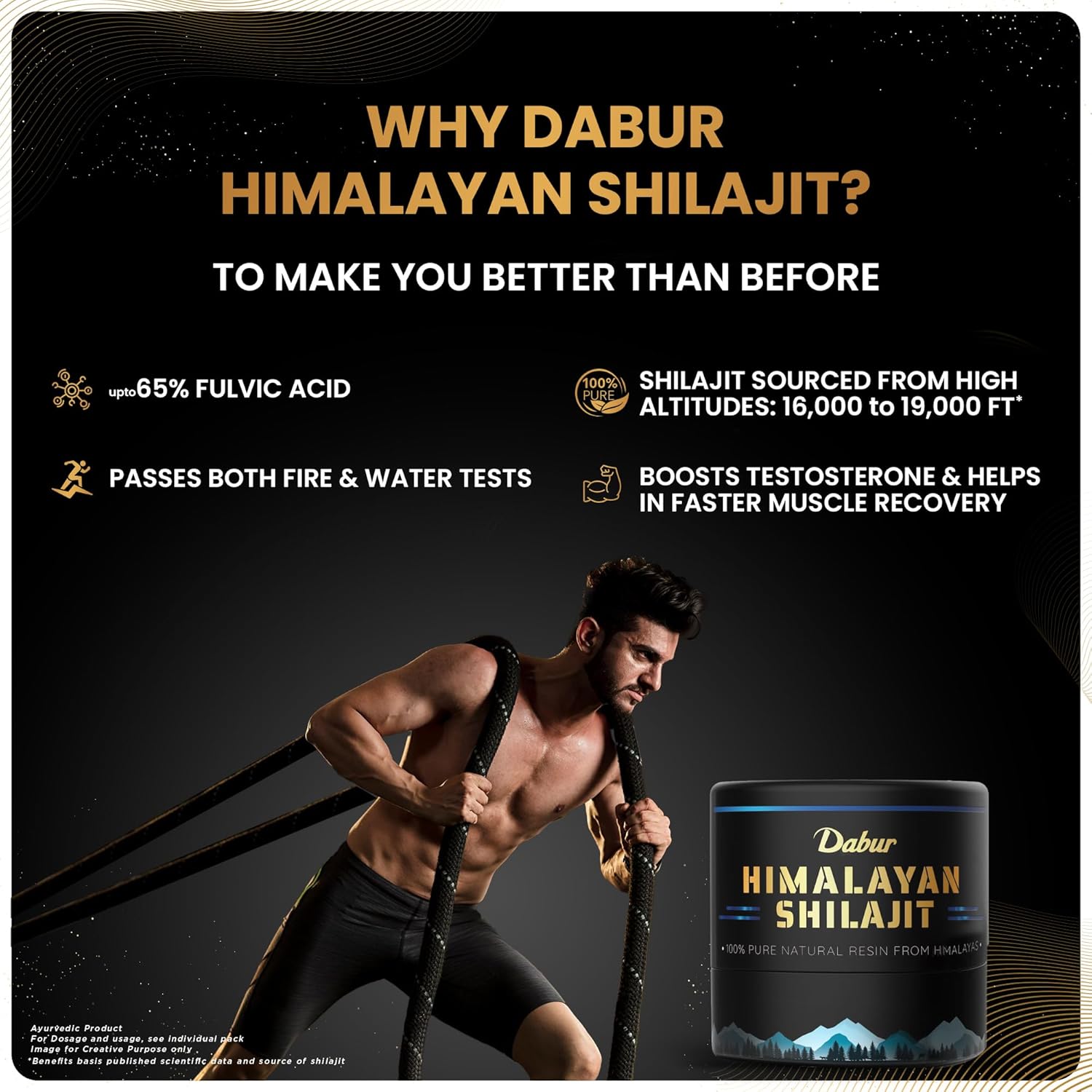 Promotional image of Dabur Himalayan Shilajit with a muscular man and product packaging.