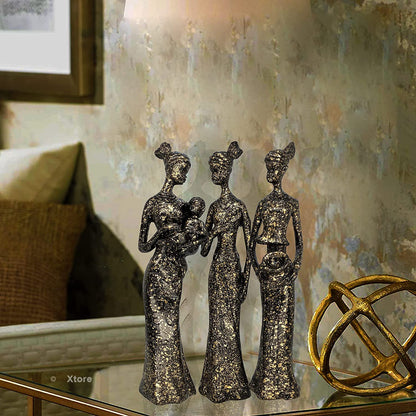Beautiful Finish Uniquely Hand Crafted Home Decor African Tribal Women Art Piece - (Set of 3, Black and Golden Color)