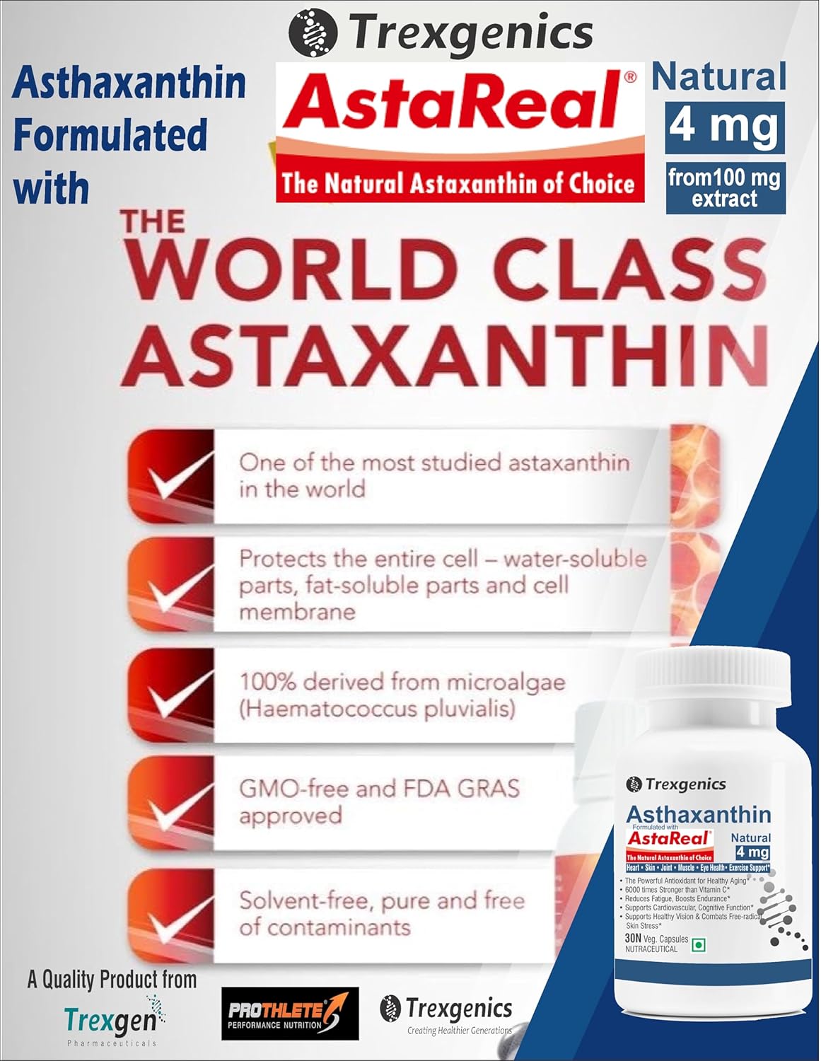 Trexgenics ASTAREAL Natural ASTAXANTHIN 4 mg from Japan (from 100 mg extract) Heart, Skin,Joint, Muscle, Eye, Exercise Support (30 Veg. Capsules) (30 Veg Capsules)