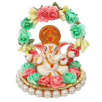 Lord Ganesha Idol on Decorative Handcrafted Plate with Throne of Pink and Green Flowers