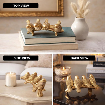 Golden Birds on Branch Showpiece for Home Decor – Resin Chirping Birds Figurine Statue for Living Room Shelf Table Decoration | Modern Decorative Bird Golden Showpiece (20.5 x 11.5 x 9 cm)