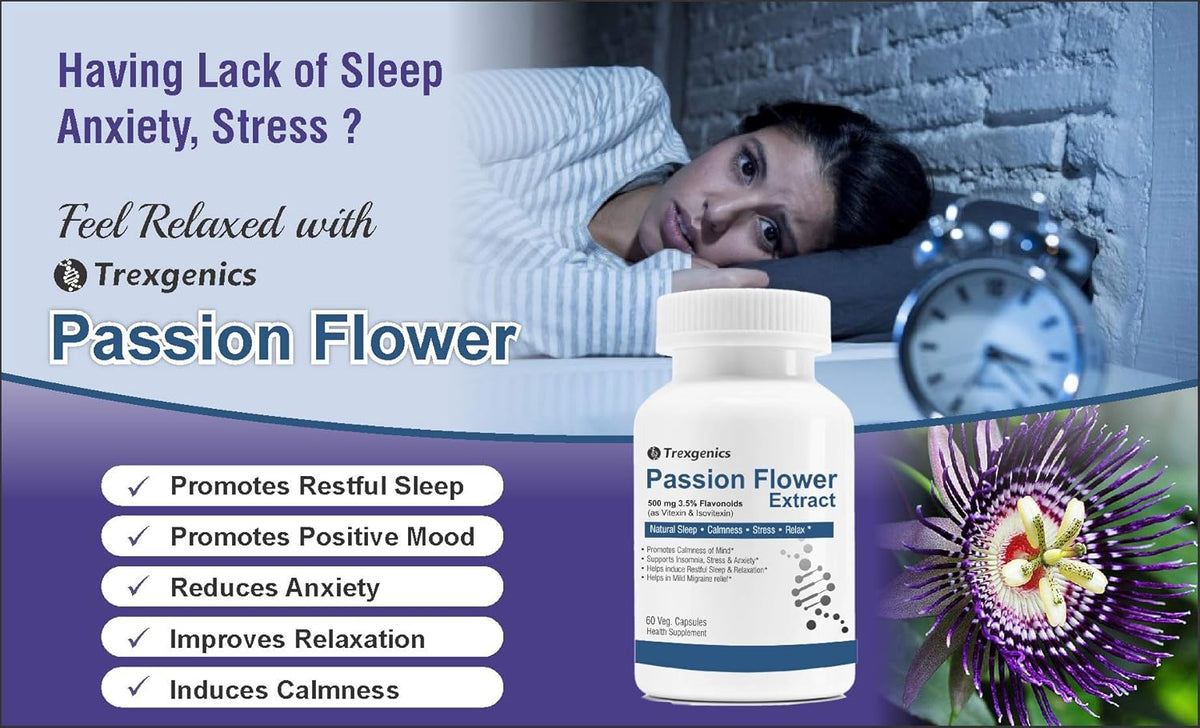 Advertisement for Trexenigic Passion Flower with a person lying awake, clock, and flower image.