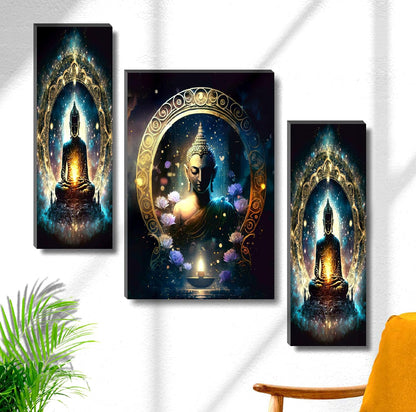 Cosmic Enlightenment Buddha Wall Art – Mystical Golden Halo & Lotus Candle Triptych | UV-Printed, Ready-to-Hang Spiritual Zen Décor (20 Inch x 12 Inch) JM-35299