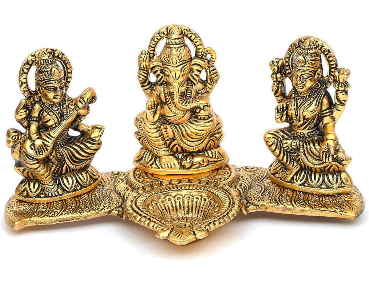 Laxmi Ganesh Saraswati Idol Showpiece Metal Statue with Diya Decoration Pooja Showpiece Sitting Idol Blessing Ganpati Sculpture for Home Diwali Puja Home Decor Festival Gifts