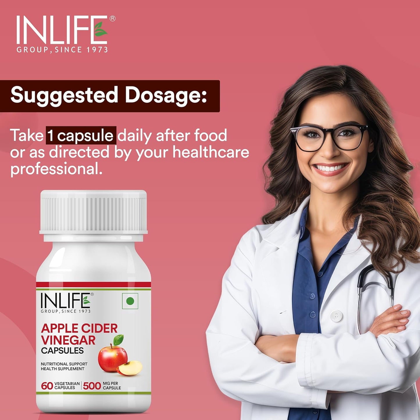 INLIFE Apple Cider Vinegar Supplement | Weight Management, Metabolism, Healthy Digestion | Plant Based Nutrition, 500mg - 60 Vegetarian Capsules (Pack of 1, 60)