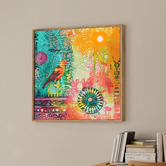 Large Framed Canvas Painting Colorful Birds Wall Painting, Decorative Modern Paintings For Home, Living Room, Hotel Bedroom And Office Décor (Blue, Size 23x23 Inch)